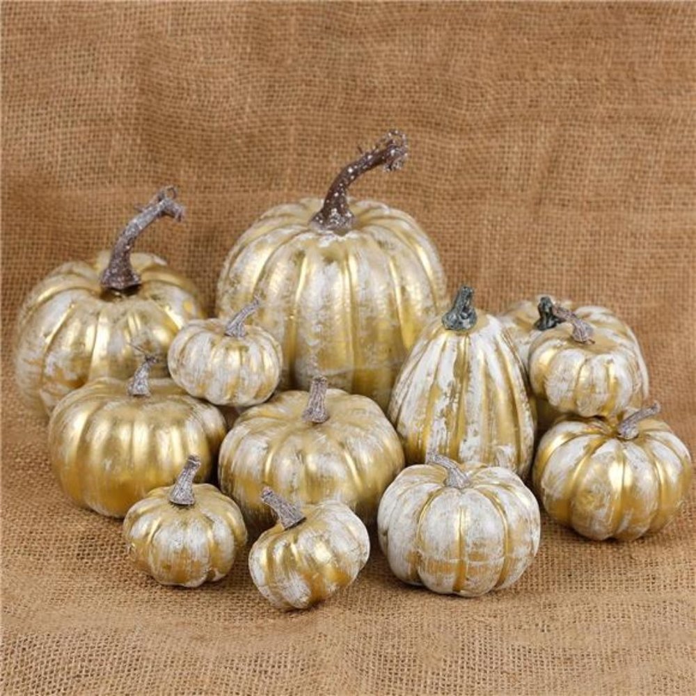 12 Pcs | Thanksgiving Pumpkin Decorations | Artificial Foam Golden Pumpkins